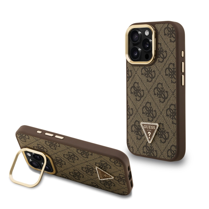 Guess PU 4G Strass háromszög logó állvány kamerakeret MagSafe hátlapi borító iPhone 16 Pro barna színűhöz