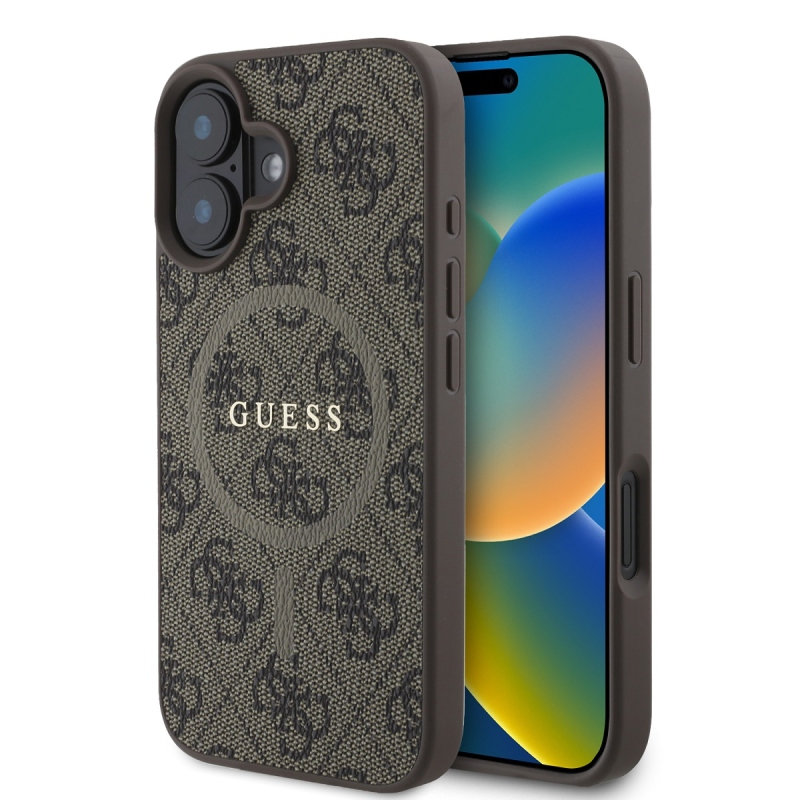 Guess PU bőr 4G színes gyűrűs MagSafe hátlap iPhone 16 Plus barna színű hátlaphoz
