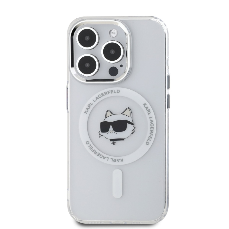 Karl Lagerfeld IML Choupette Head fémkeret MagSafe hátlapi borító iPhone 15 Pro Max-hoz Átlátszó