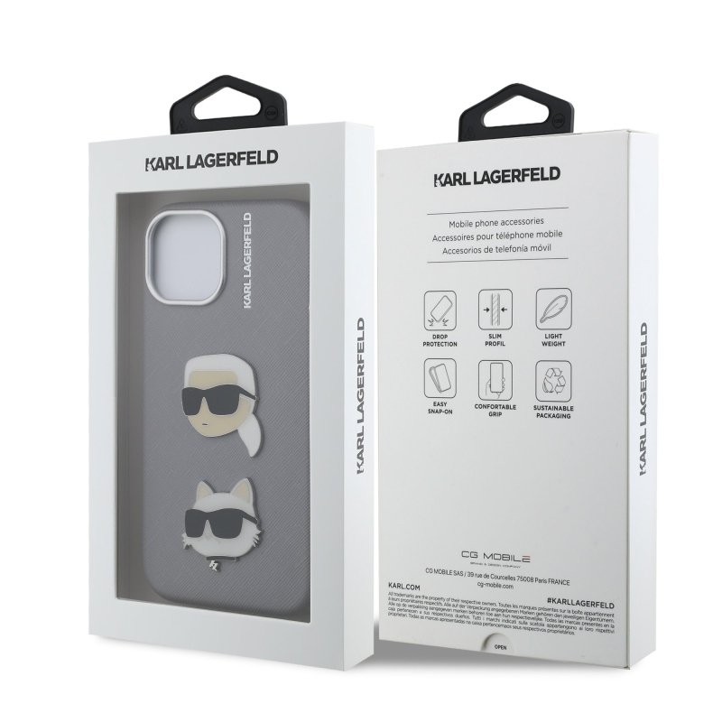 Karl Lagerfeld szemcsés PU K&CH Heads hátlap iPhone 15 szürke készülékhez