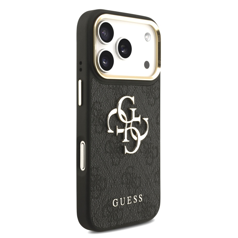 Guess PU bőr 4G fém logó arany keret hátlap iPhone 17 Pro fekete