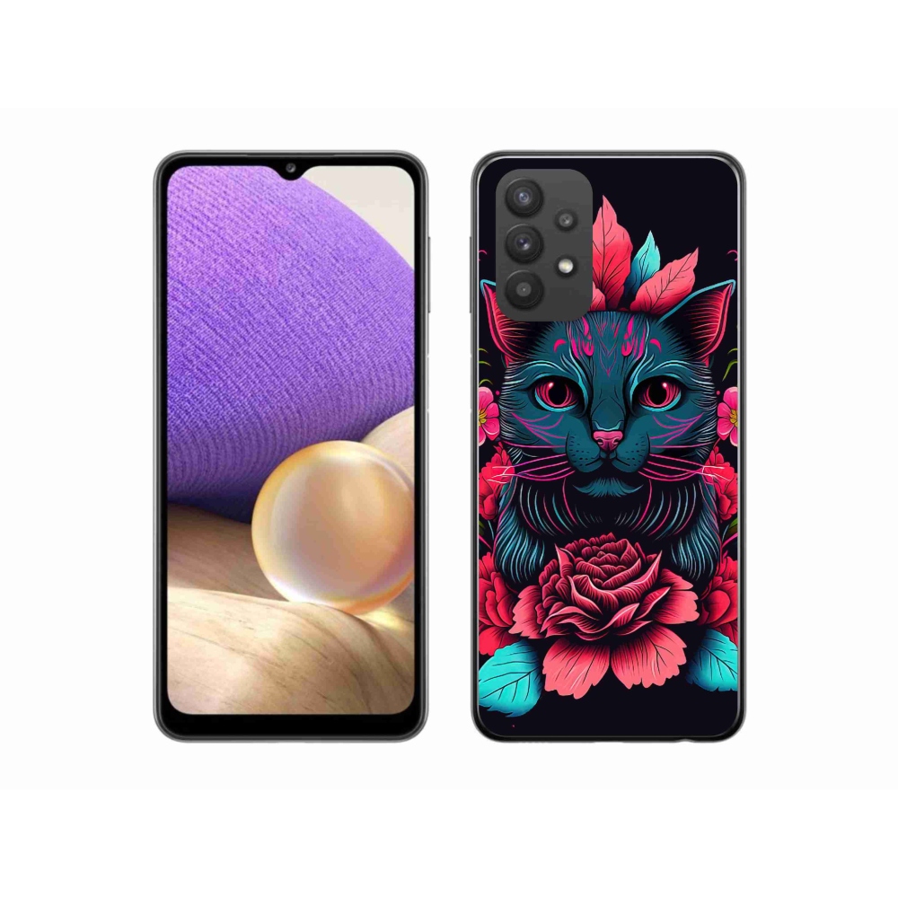 Gél borítás mmCase Samsung Galaxy A32 5G - virágok és macska