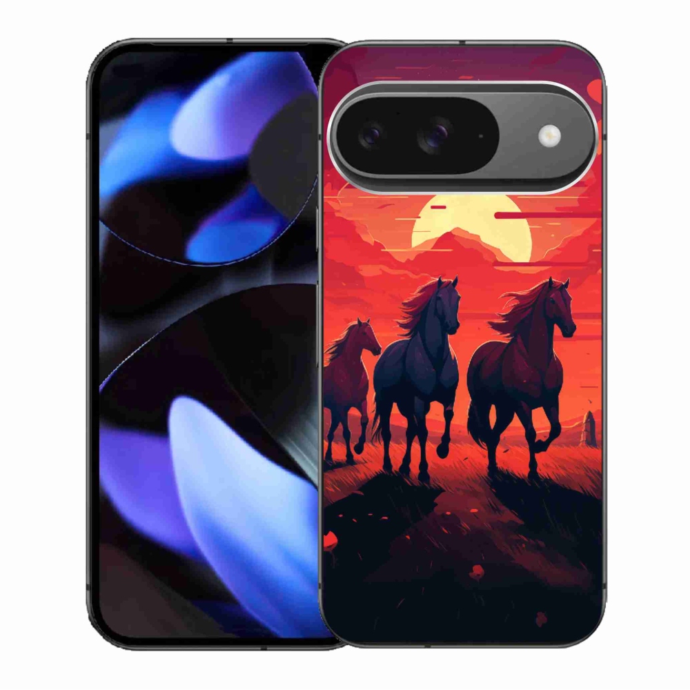 Gél borítás mmCase a Google Pixel 9/9 Pro számára - lovak és naplemente