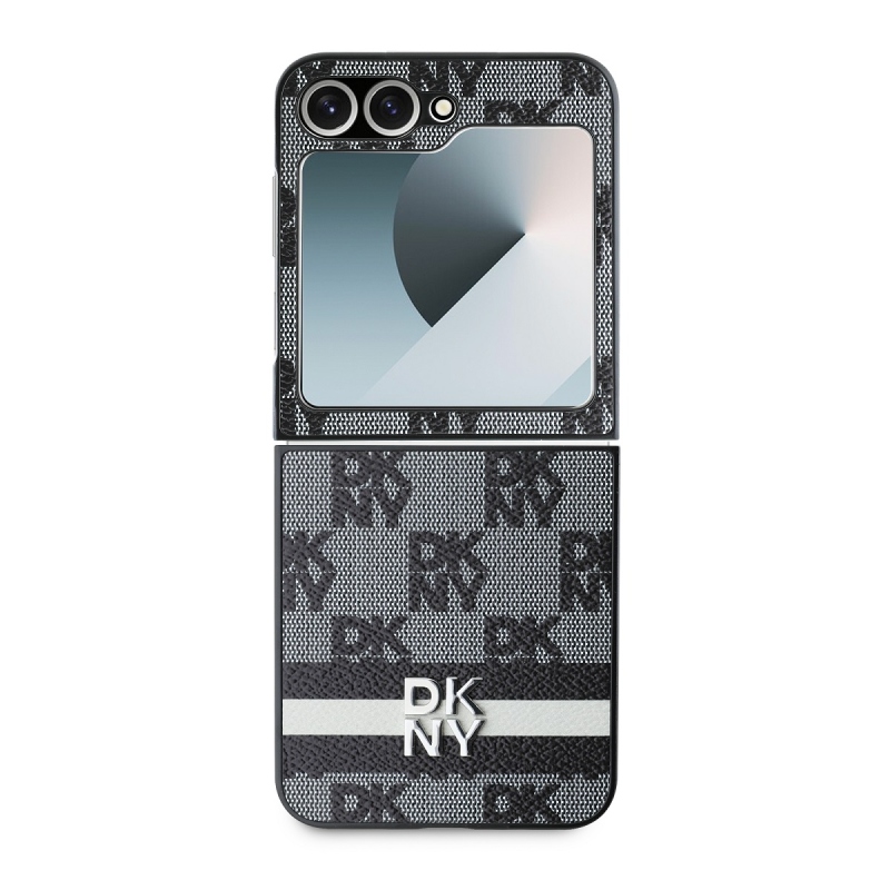 DKNY PU bőr kockás mintás és csíkos hátsó borító Samsung Galaxy Z Flip 6 Fekete