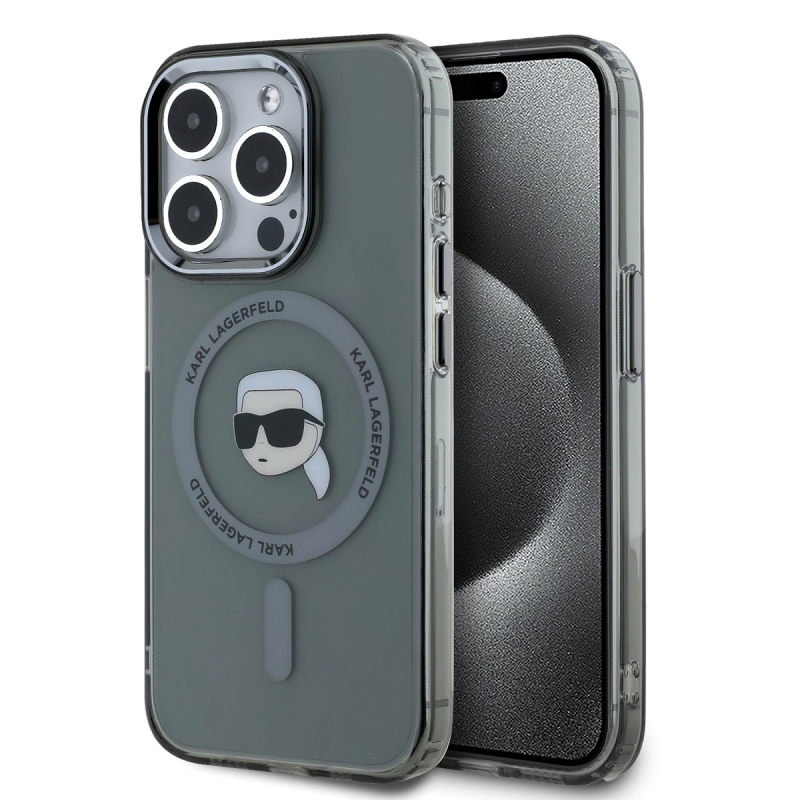 Karl Lagerfeld IML Karl Head fémkeret MagSafe hátlapi borító iPhone 15 Pro Max-hoz Fekete