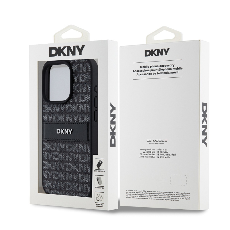 DKNY PU bőr ismétlődő mintás tonális csíkos hátlap iPhone 14 Pro Max-hoz Fekete