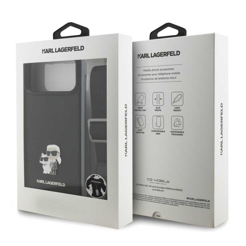 Karl Lagerfeld Saffiano Crossbody Strap Metal Karl és Choupette hátlapi borító iPhone 17 Pro Max-hoz Fekete