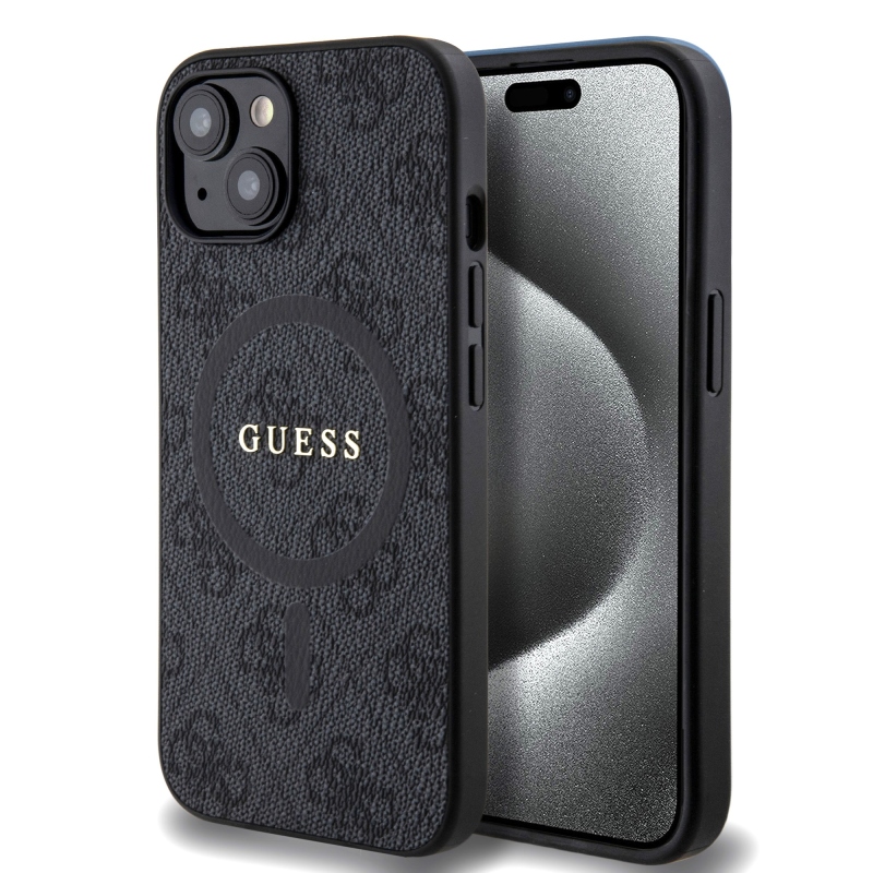 Guess PU bőr 4G színes gyűrűs MagSafe hátlap iPhone 15-hez Fekete