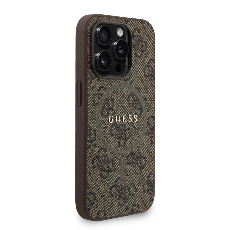 Guess PU bőr 4G színes gyűrűs pánt MagSafe hátsó borító iPhone 15 Pro Max barna színhez