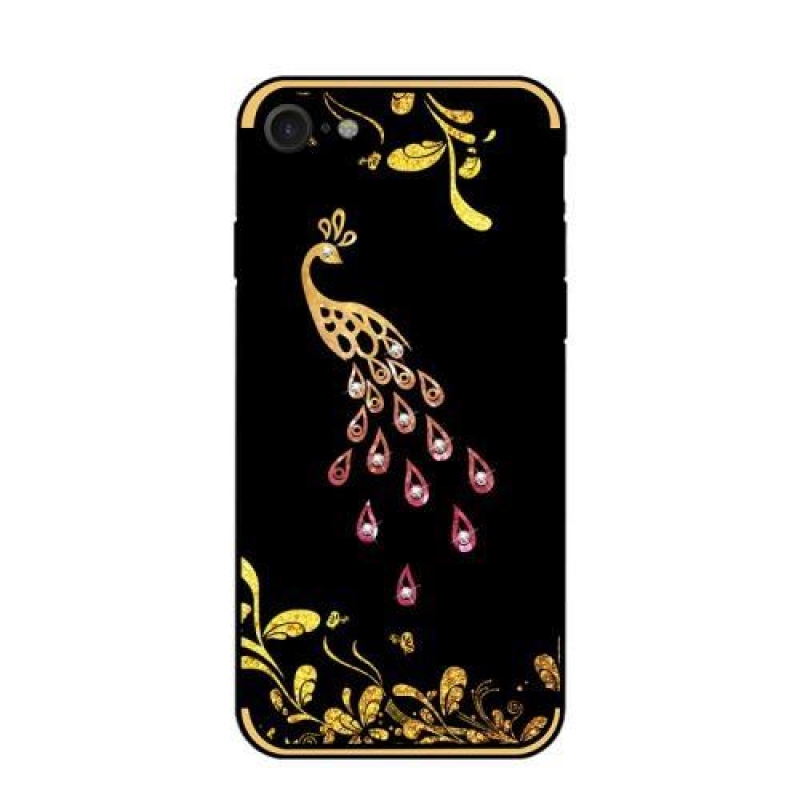 Dekoratív zselés tok kristályokkal iPhone 7 és iPhone 8 készülékhez - páva