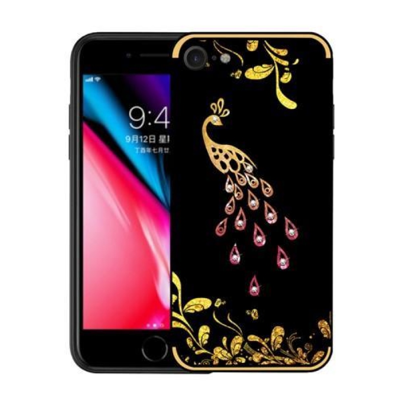 Dekoratív zselés tok kristályokkal iPhone 7 és iPhone 8 készülékhez - páva