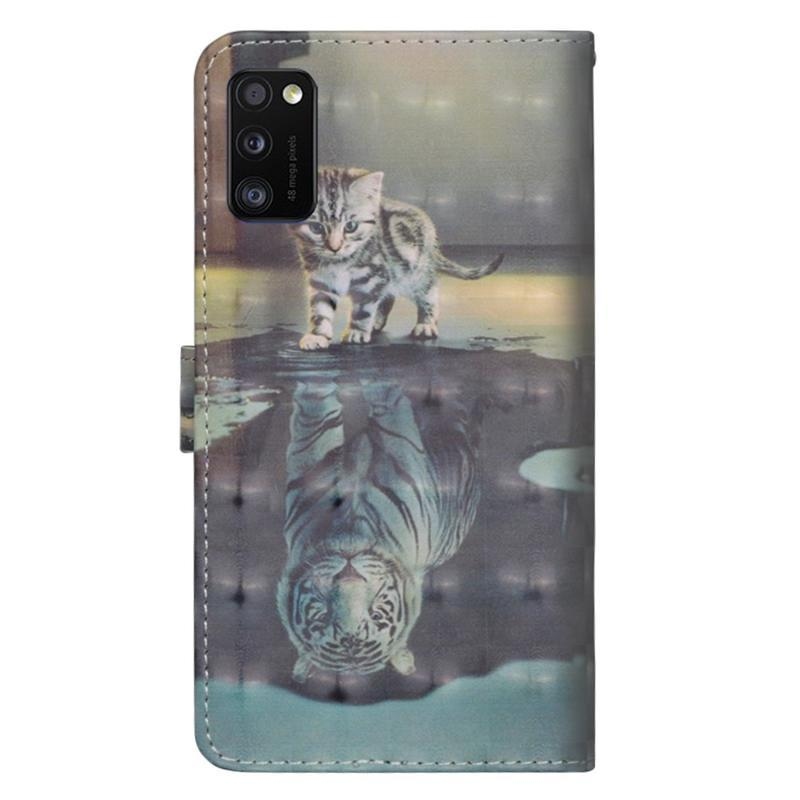 Nyomtatás PU bőr pénztárca tok Samsung Galaxy A41 - macska és tigris tükörkép
