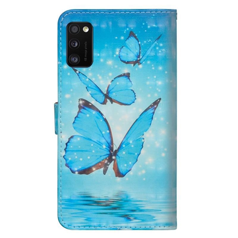 Nyomtatott PU bőr pénztárca tok Samsung Galaxy A41 - kék pillangókhoz