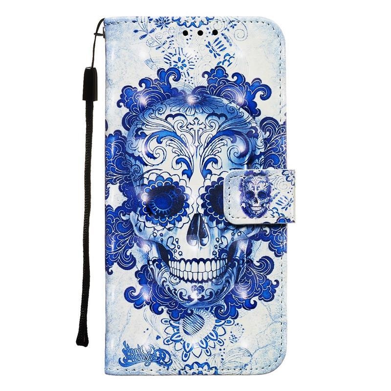 Dekor PU bőr pénztárca tok Samsung Galaxy S20 Plus-hoz - koponya virágokkal