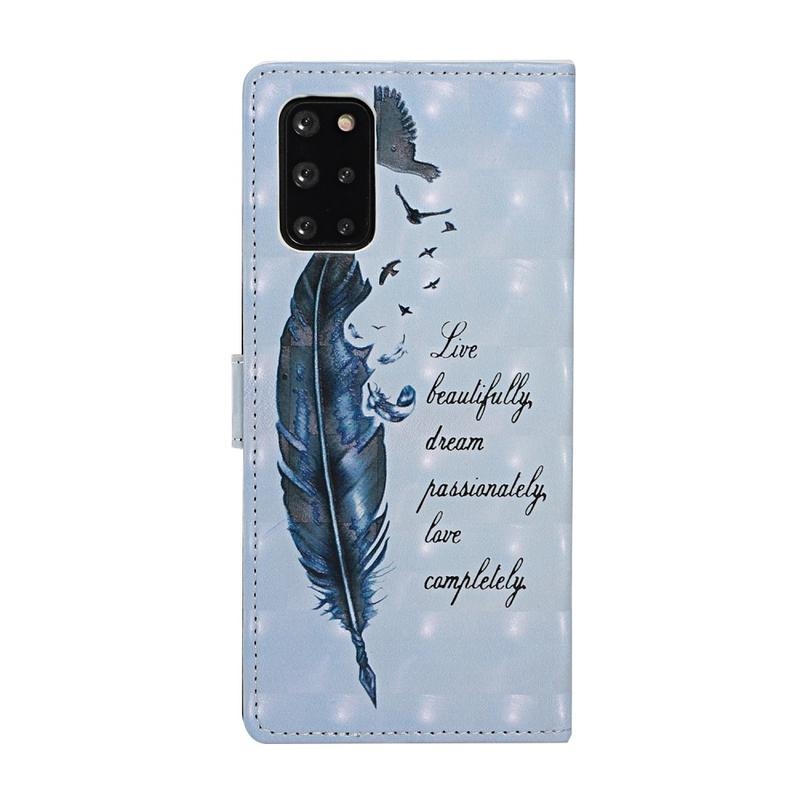 Dekor PU bőr pénztárca tok Samsung Galaxy S20 Plus-hoz - madarak és tollak