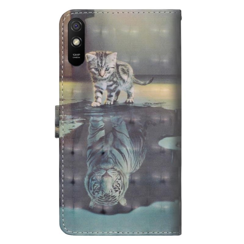 Nyomtatás PU bőr pénztárca tok Xiaomi Redmi 9A/9AT - macska és tigris tükörkép
