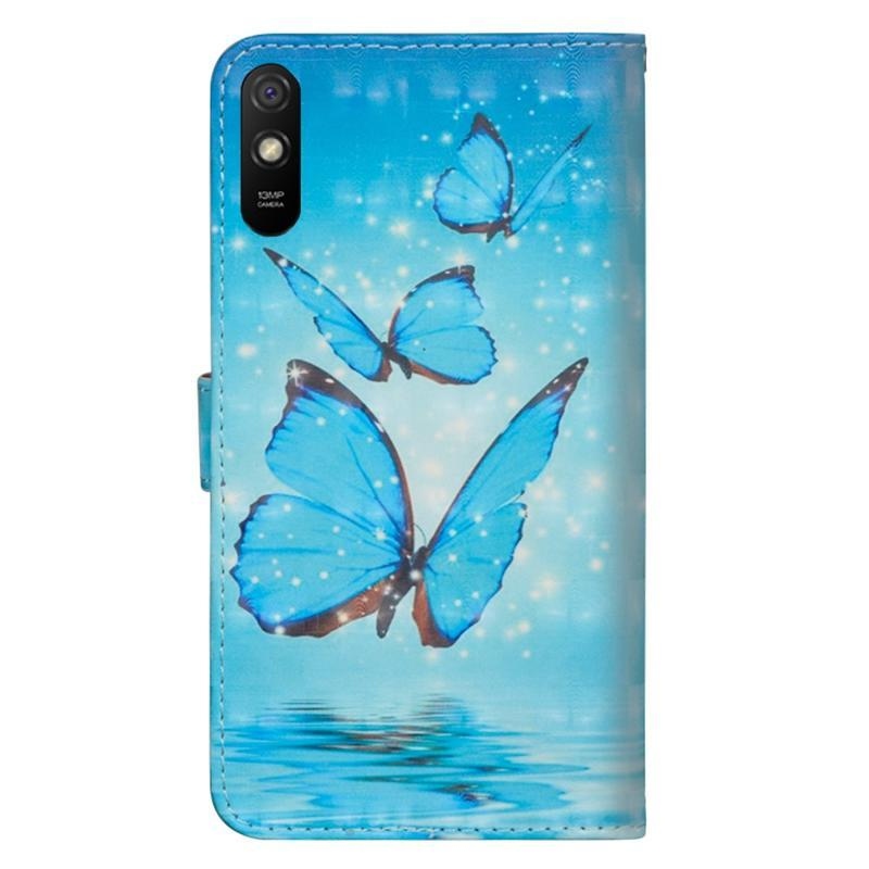 Nyomtatás PU bőr pénztárca tok Xiaomi Redmi 9A/9AT - kék pillangókhoz