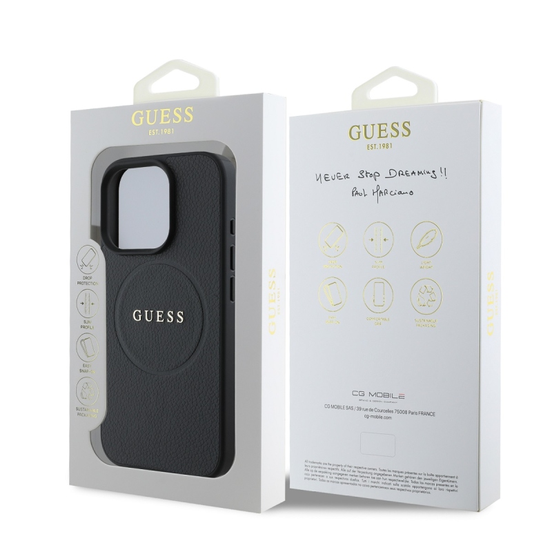 Guess PU szemcsés klasszikus logós MagSafe hátlap az iPhone 16 Pro-hoz Fekete
