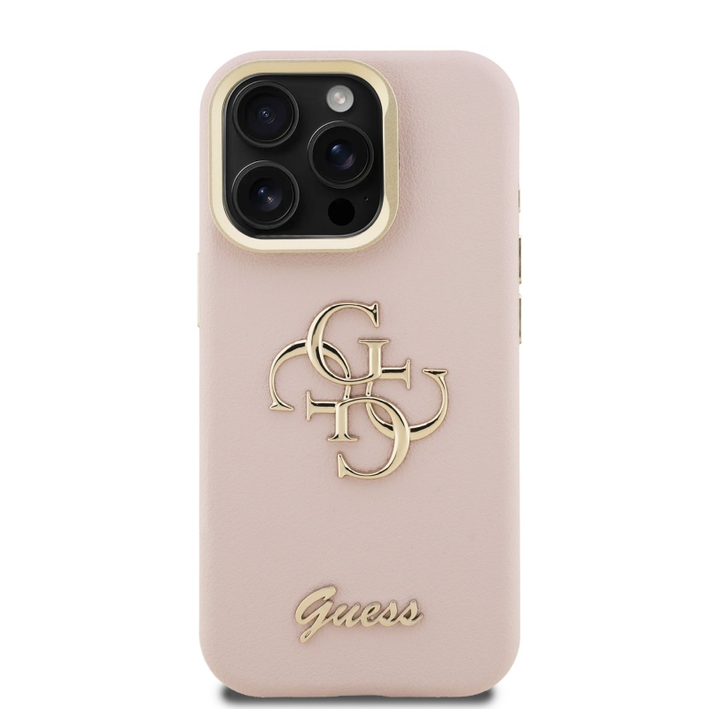 Guess PU szemcsés 4G logós állvány kamerakeret hátlap iPhone 15 Pro Max rózsaszínű borítóhoz