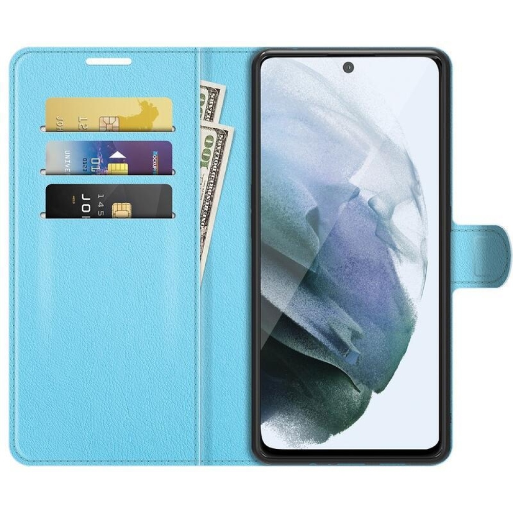 Litchi PU bőr pénztárca tok Samsung Galaxy S21 FE 5G számára - kék