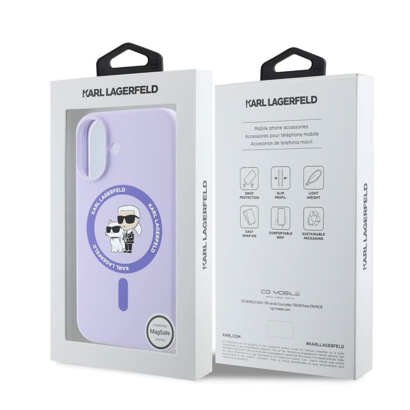 Karl Lagerfeld folyékony szilikon Karl és Choupette MagSafe hátlap iPhone 16 lila iPhone 16-hoz