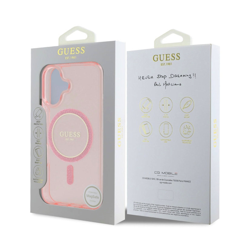 Guess IML csillogó gyűrű MagSafe hátlap iPhone 16 rózsaszínű iPhone 16-hoz