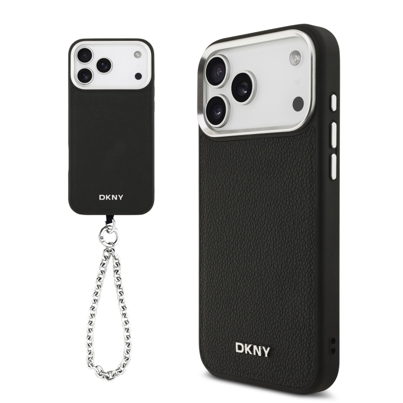 DKNY PU bőr fém logós csuklólánc MagSafe hátlap iPhone 17 Pro Max fekete színűre