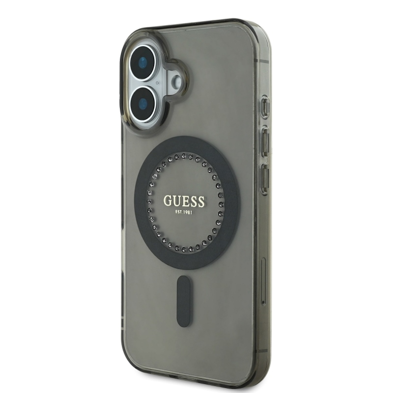 Guess IML strasszos gyűrű MagSafe hátlap iPhone 16-hoz Fekete