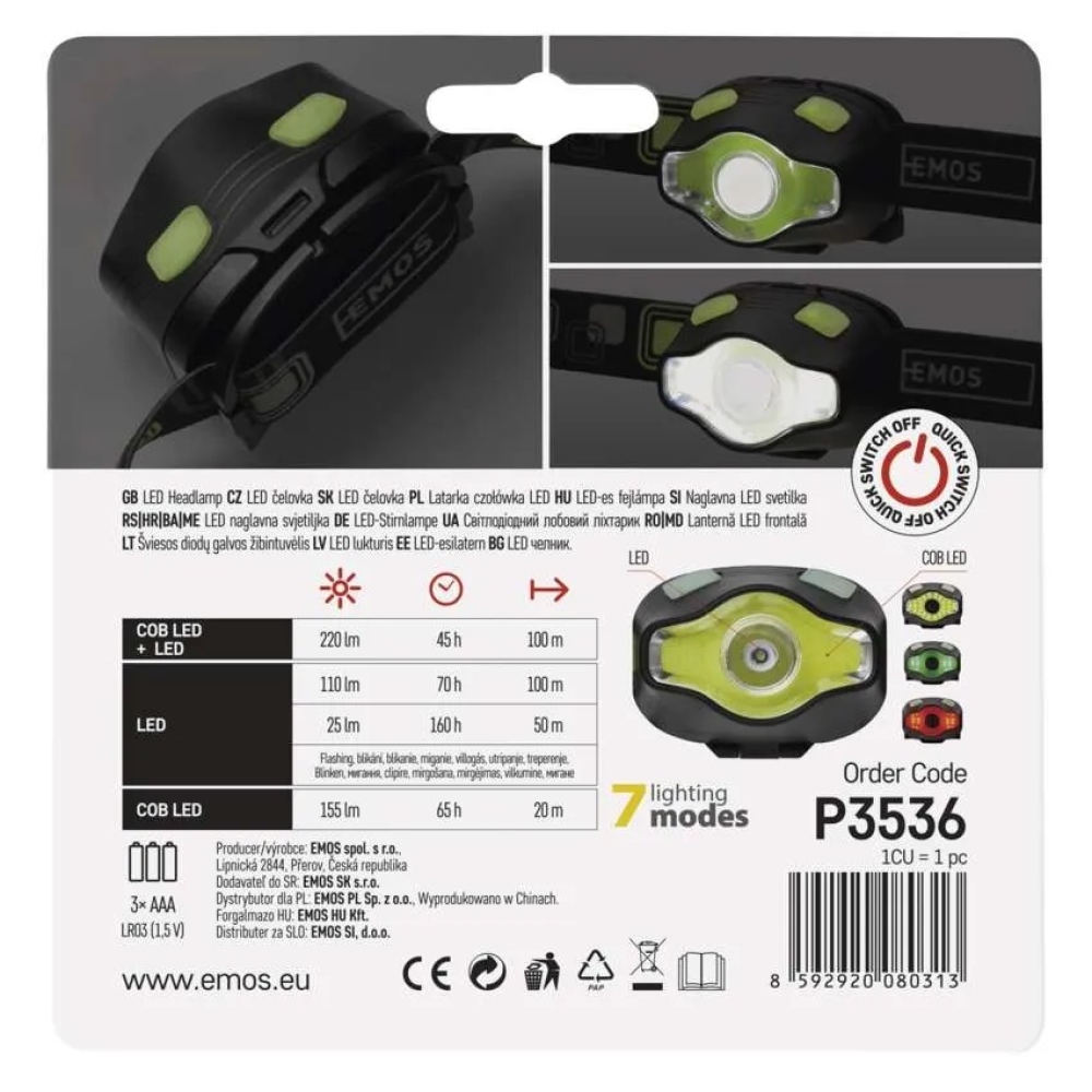 COB LED + LED fényszóró P3536, 220 lm, 100 m, 3× AAA