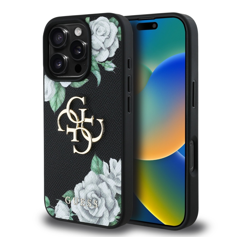 Guess PU szemcsés rózsák 4G fém logó hátlap iPhone 16 Pro fekete