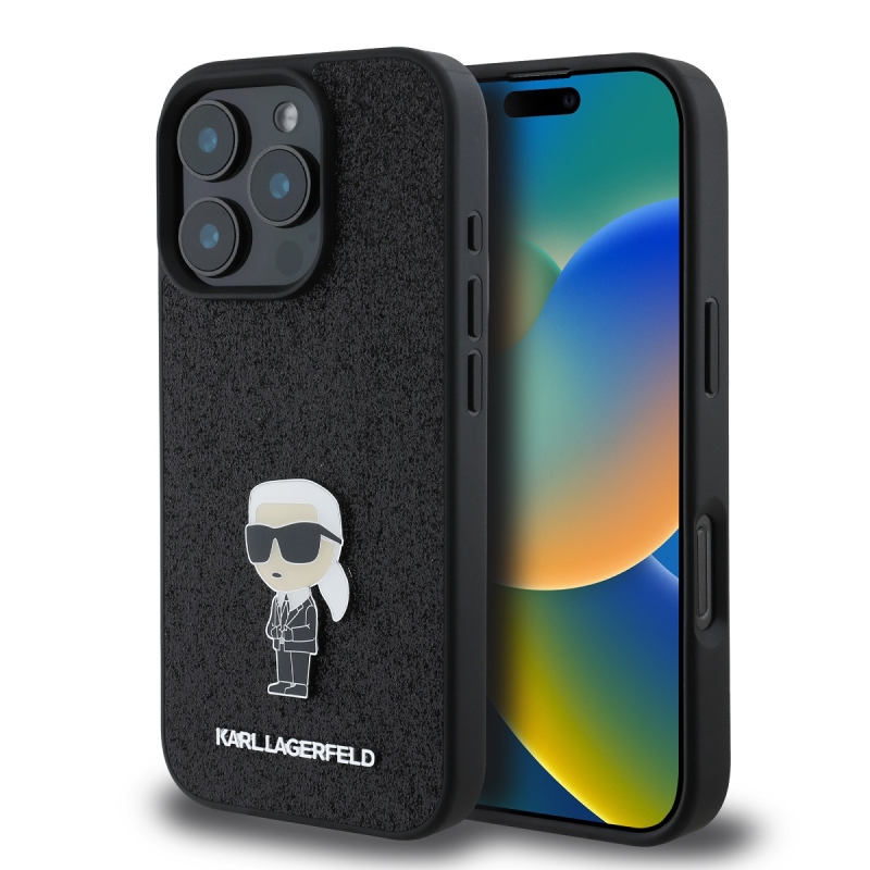 Karl Lagerfeld Fixed Glitter Metal Ikonik hátlap iPhone 16 Pro Fekete