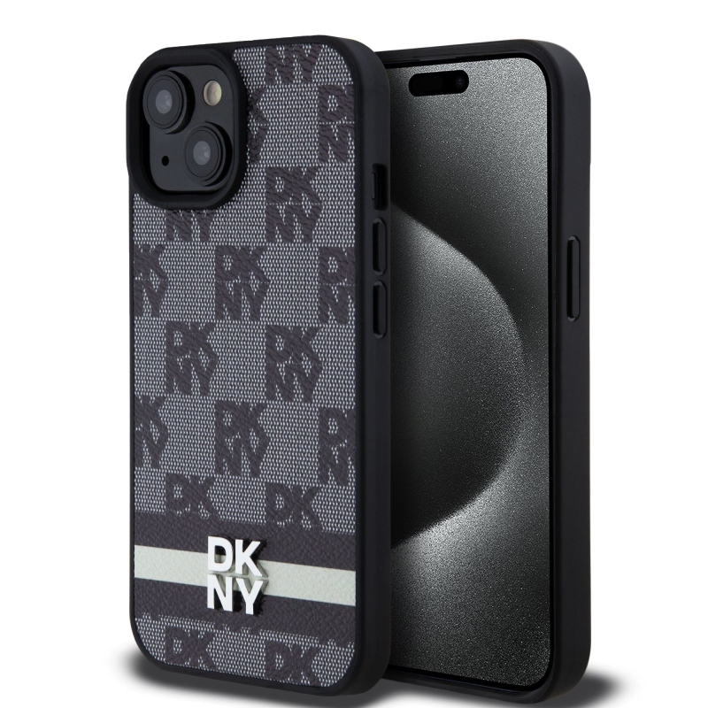 DKNY PU bőr kockás mintás és csíkos hátlapi borító iPhone 15-hez Fekete