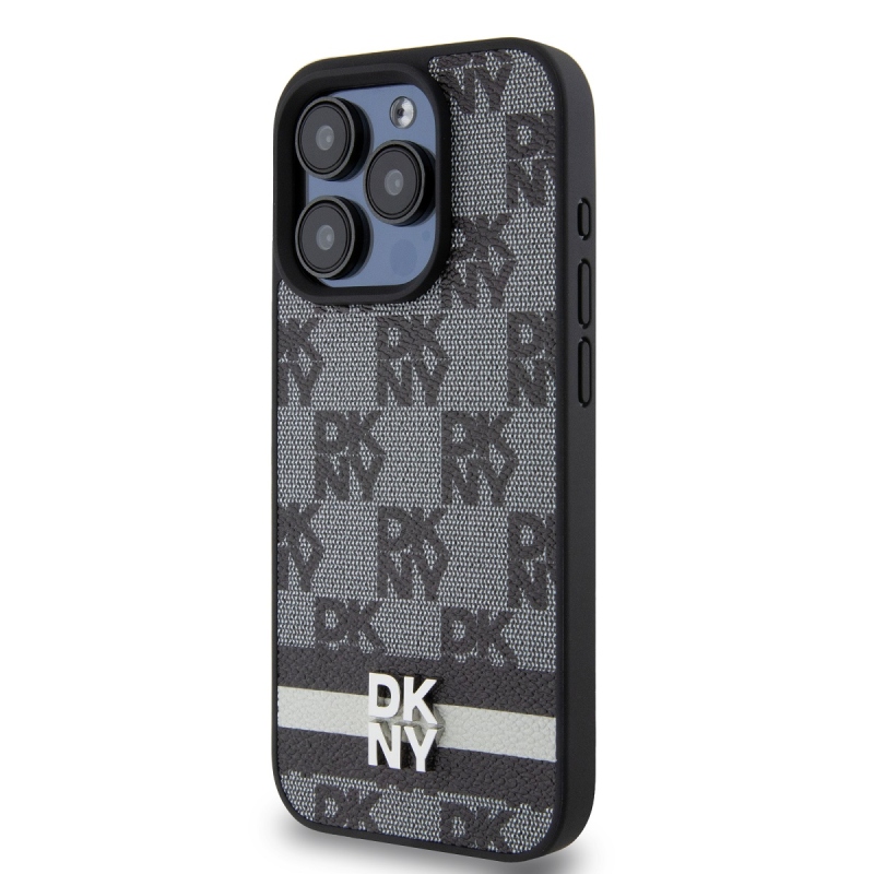 DKNY PU bőr kockás mintás és csíkos hátlapi borító iPhone 13 Pro Max-hoz Fekete