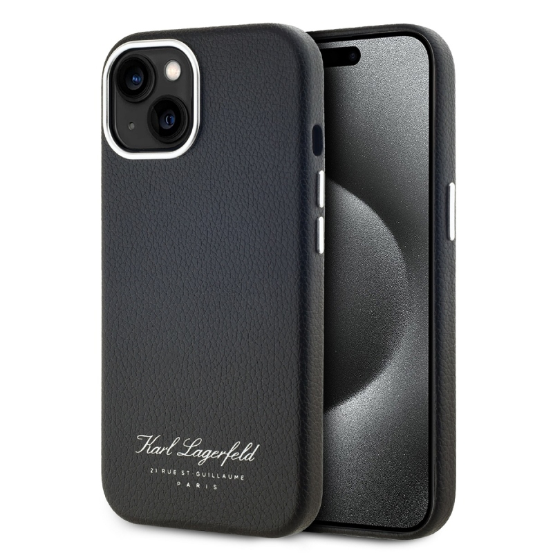 Karl Lagerfeld szemcsés PU Hotel RSG hátlap iPhone 15-hez Fekete