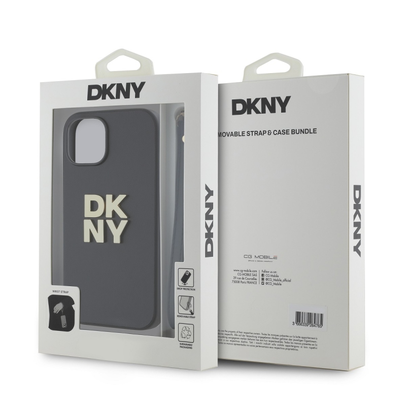 DKNY PU bőr Stack Logo csuklópánt hátlapi borító iPhone 15 Fekete
