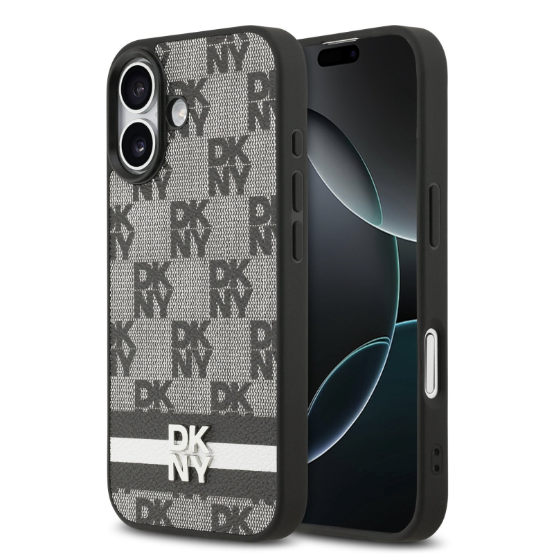 DKNY PU bőr kockás mintás és csíkos hátlapi borító iPhone 17 Fekete