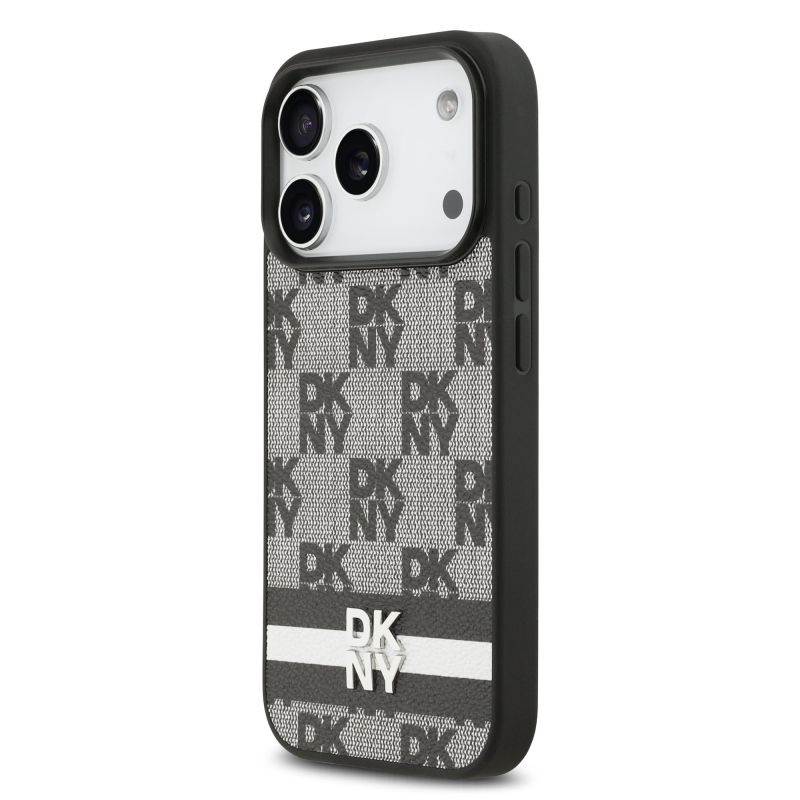 DKNY PU bőr kockás mintás és csíkos hátlapi borító iPhone 17 Pro fekete színűhöz