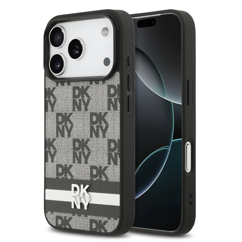 DKNY PU bőr kockás mintás és csíkos hátlapi borító iPhone 17 Pro fekete színűhöz
