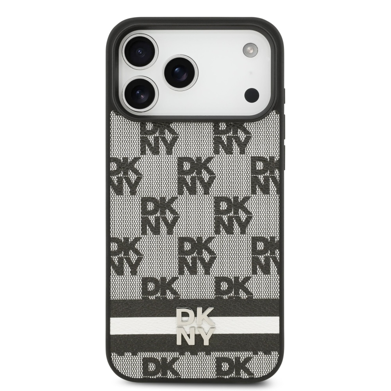 DKNY PU bőr kockás mintás és csíkos hátlapi borító iPhone 17 Pro Max-hoz Fekete