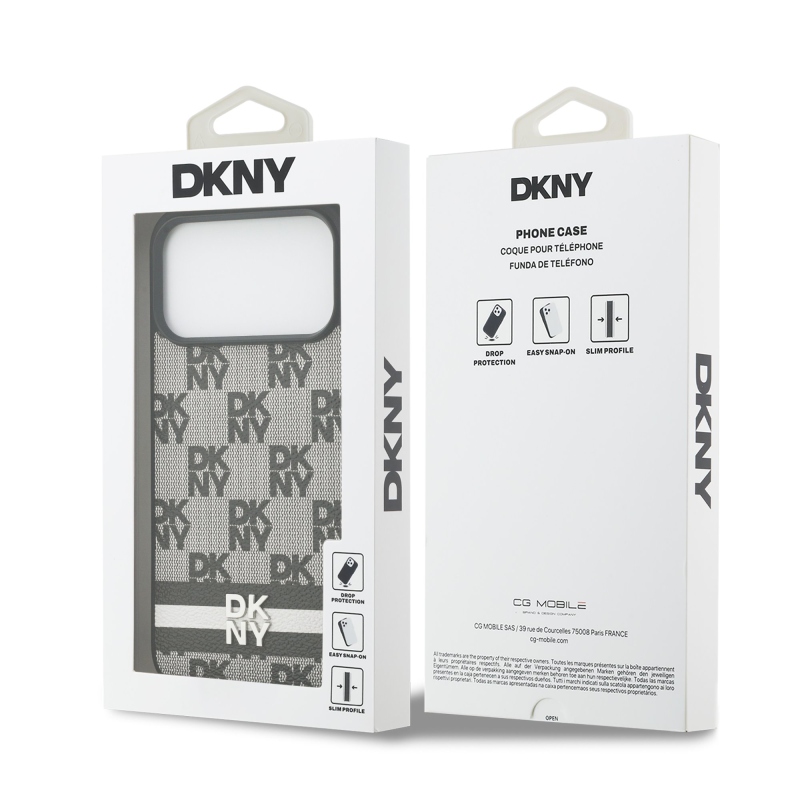 DKNY PU bőr kockás mintás és csíkos hátlapi borító iPhone 17 Pro Max-hoz Fekete