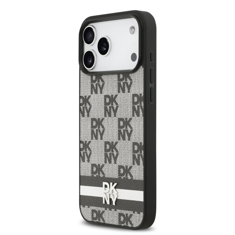 DKNY PU bőr kockás mintás és csíkos hátlapi borító iPhone 17 Pro Max-hoz Fekete