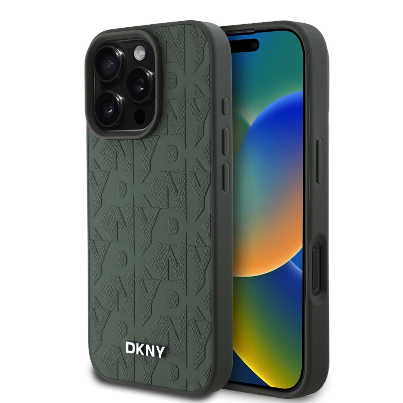 DKNY Magsafe PU bőr rácsmintás hátlap iPhone 16 Pro készülékhez, zöld