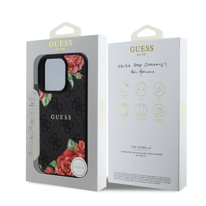 Guess PU bőr 4G rózsák MagSafe hátlap iPhone 16 Pro Fekete