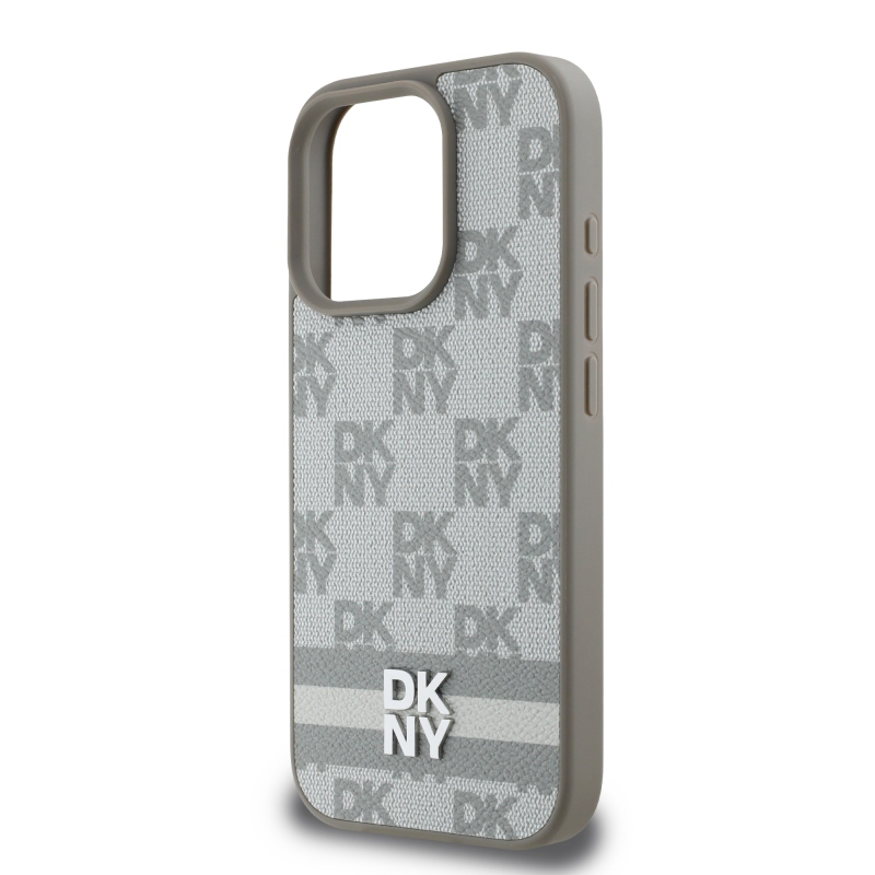 DKNY PU bőr kockás mintás és csíkos hátlapi borító iPhone 16 Pro Max bézs színűre