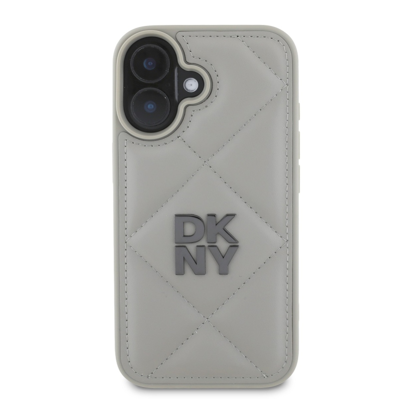 DKNY PU bőr steppelt stack logós hátlap iPhone 16 Plus készülékhez Szürke