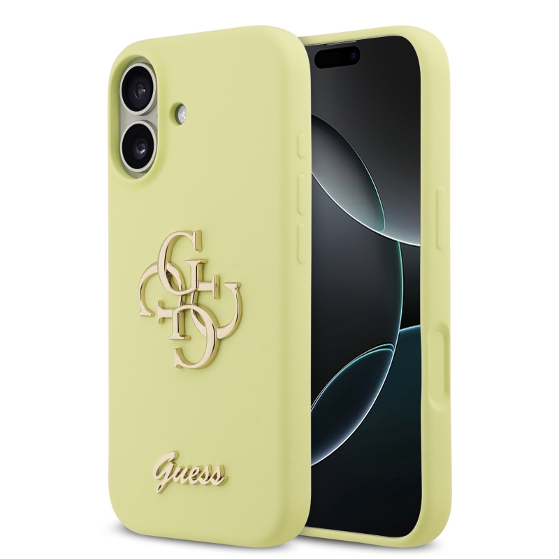 Guess Liquid szilikon 4G fém logós hátlap iPhone 17 Sárga