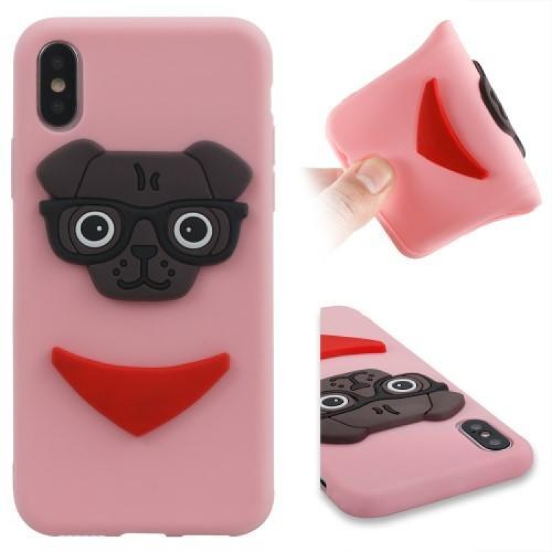 Kutyás 3D szilikon tok iPhone X készülékhez - rózsaszín