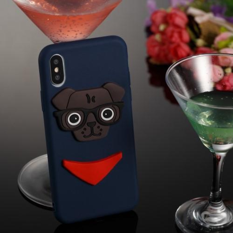 Kutyás 3D szilikon tok iPhone X készülékhez - sötétkék