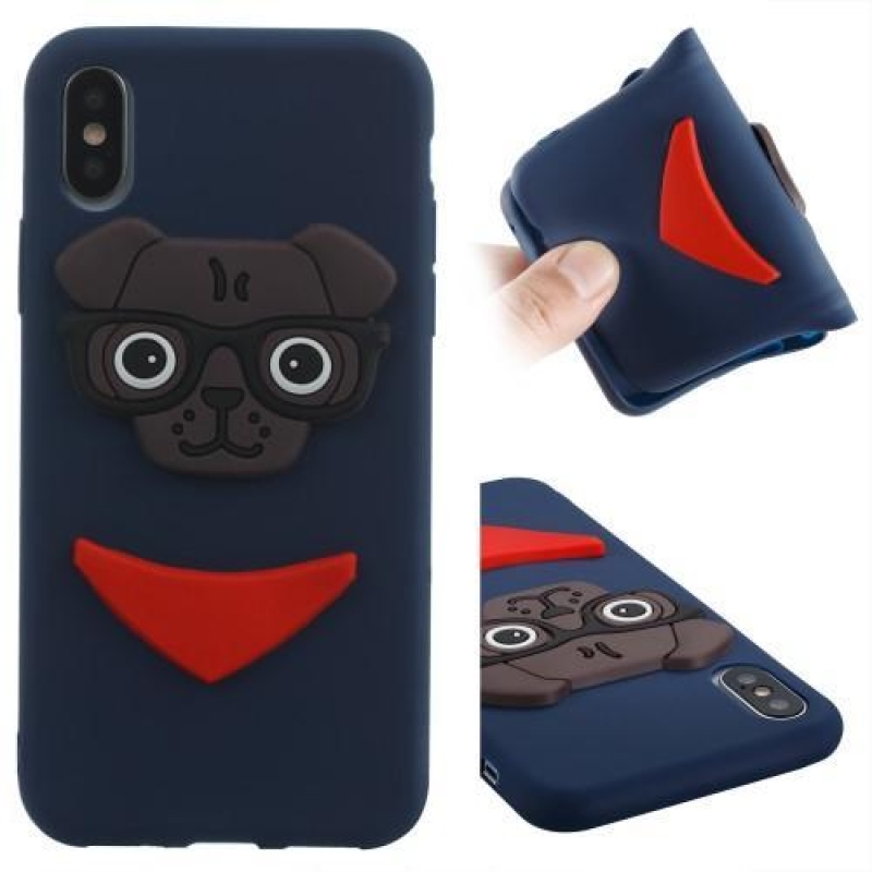 Kutyás 3D szilikon tok iPhone X készülékhez - sötétkék