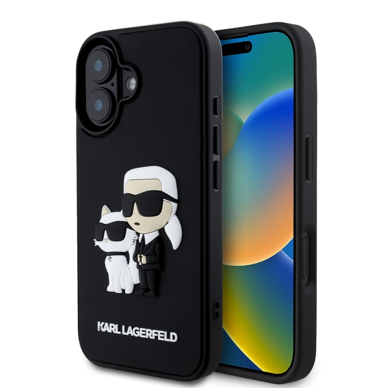Karl Lagerfeld 3D gumiból készült Karl és Choupette hátlap iPhone 16 Plus készülékhez Fekete